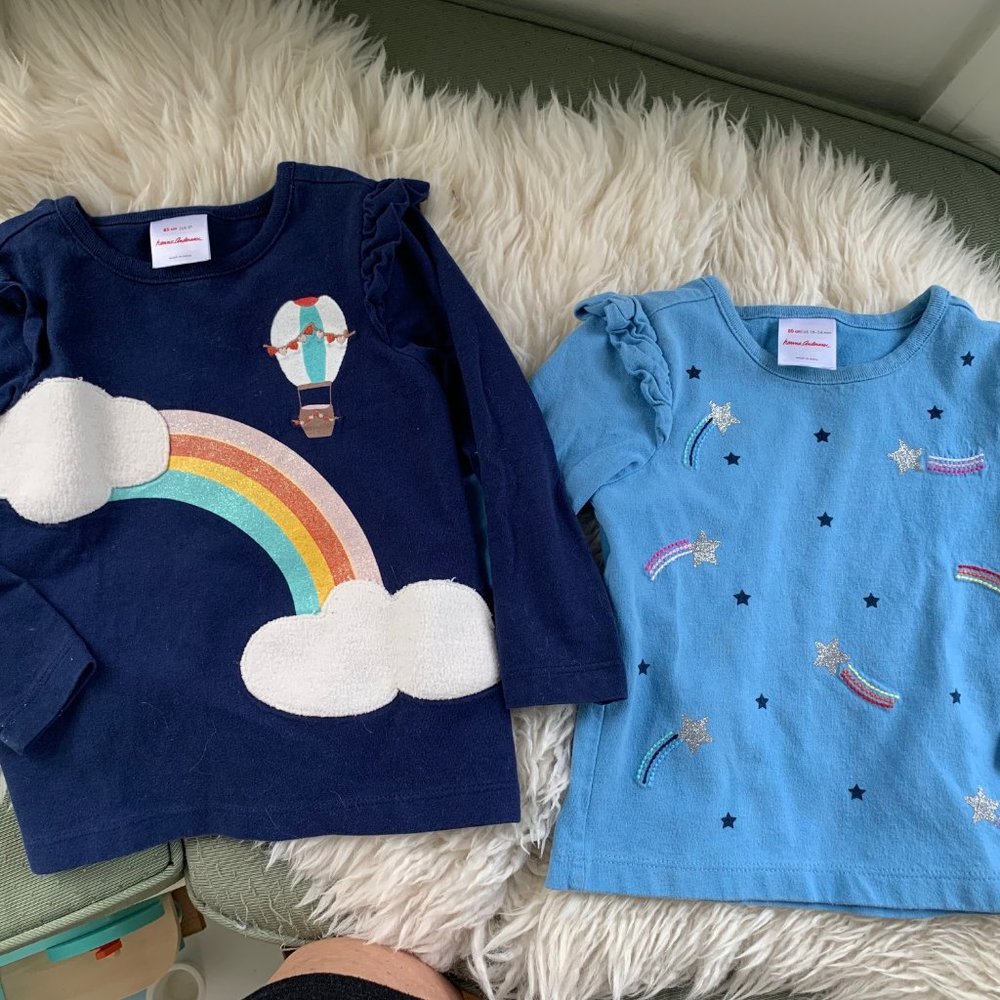 Lot of 2 Hanna Andersson's Girls long sleeve ruffle shoulder tops Blue 18-24m 2T - Picture 2 of 7